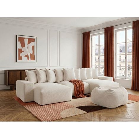 BOBOCHIC - Canapé panoramique fixe VOLTAIRE tissu chiné avec pouf Blanc (1/5)