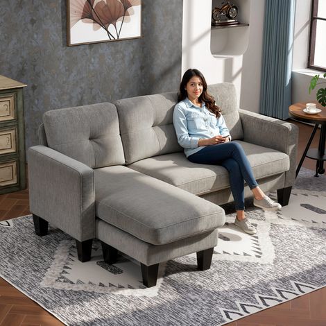 Sofá Chaise Longue Reversible con Estructura de Acero Tapizado en Chenilla 186x130x84cm Marrón Topo (1/5)
