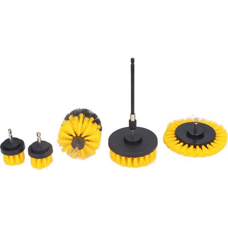 Kit brosses nettoyage perceuse nylon hex 1/4po multiples tailles brosses récurage auto salle bain cuisine piscine 4in plat 3.5in rond 2x2in 5.5in sol 6in rallonge jaune (1/5)