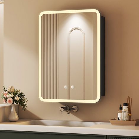 LED Spiegelschrank mit Beleuchtung 50x70cm Aluminium LED Spiegelschrank Bad mit Beleuchtung Badezimmerschrank, Badschrank Hängeschränke Spiegel Kabinett mit 3-Farben Dimmbar, Beschlagfrei