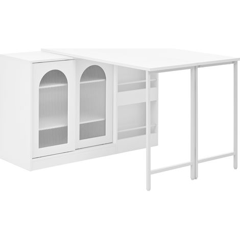 Mesa bar extensible giratoria 360° con almacenaje y puertas de vidrio MDF blanca HOMVRA (1/5)