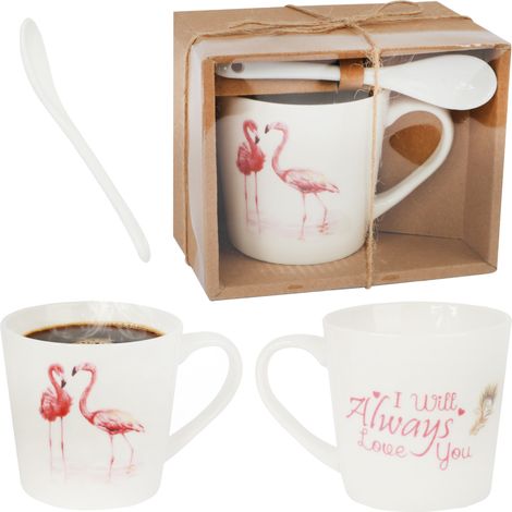 Geschenkset aus Keramikbecher und Löffel mit stehenden Flamingos (1/5)