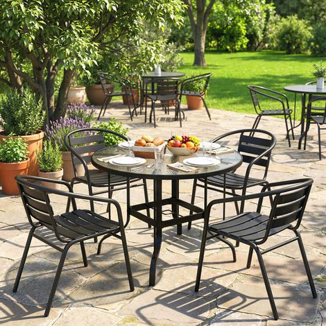 Table de jardin ronde avec trou pour parasol. En métal et verre trempé. Ø96,5 x 71 cm. Noire.