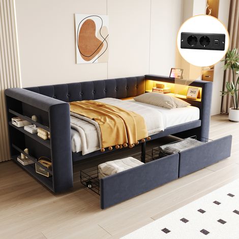 Divano Letto 90x190 cm, Imbottito con LED, Presa Corrente e Cassetti, Ampio Spazio Archivio, Grigio Scuro (Senza Materasso) (1/5)