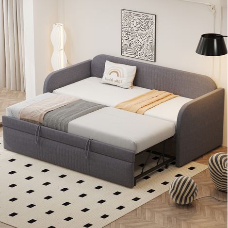 Sofá cama tapizado de lino gris 90/180x190 cm, extensible, con somier de láminas (1/5)