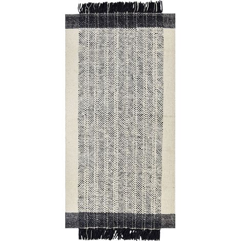 Tapis Blanc et Noir en Laine 80 x 150 cm Fait Main à Franges Décoratives Ketenli