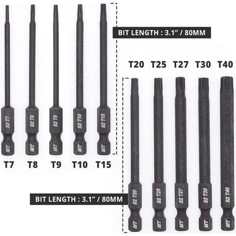 Jeu d\'embouts Torx pour tournevis, perceuses et cls chocs, rsistant la temprature, traitement thermique avanc, revtement phosphat, 8 cm, 10 pices (1/3)
