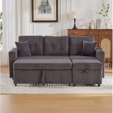 Divano letto 196x82-144x85 cm grigio scuro in velluto a coste con contenitore, USB-C e LED (1/5)