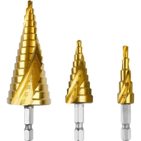 3 Pièce Foret Fraise Meche Etage, 4-12 mm/4-20mm/4-32mm Foret Conique HSS avec Revêtement Titane, Foret Metal en Acier à Double Fente, Foret Étagé avecTige Hexagonale Pour Bois, PVC, Métal (1/5)