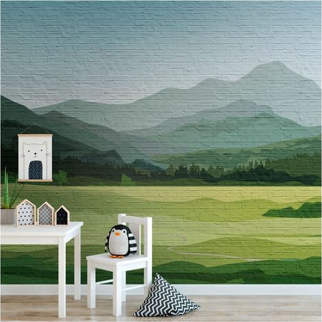 Sfondo fotografico Profhome 382981 Carta da parati TNT goffrata a caldo liscia con paesaggi opaca verde azzurro grigio 3,71 m x 2,8 m (1/4)