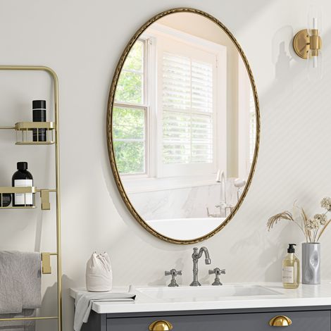 MODFU – Miroir mural ovale fer doré – Verre et MDF – Pose verticale ou horizontale – Salle de bain ou chambre – Doré (1/5)