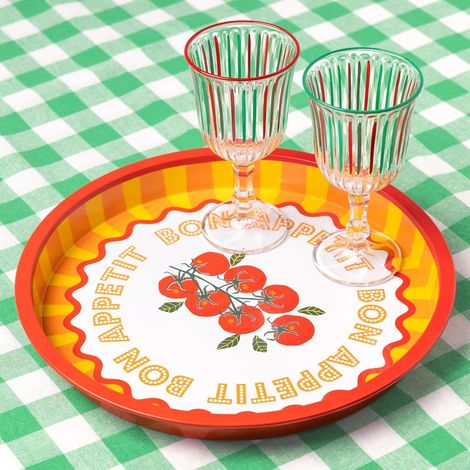 Grand Plateau de Service Rond - Design Tomate Coloré pour Boissons, Snacks, BBQ, Repas Jardin en Fer-Blanc 31cm (1/5)
