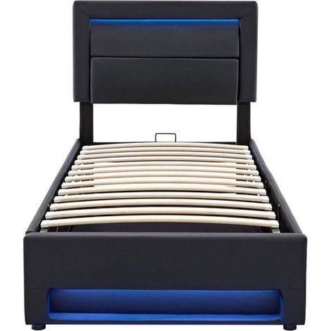 Lit simple 90x190 cm en pu avec USB et éclairage LED,lit coffre avec espace de stockage et sommier à lattes pour enfant/adulte,noir (1/5)