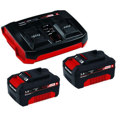 Originale Einhell 2x 3,0Ah & Twincharger Kit Power X-Change (tensione 220-240 V, 50-60 Hz, 18V, incl. 2 batterie 3 Ah e caricabatteria doppio) (1/4)