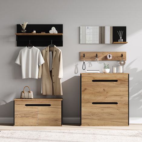 REDOM Set guardaroba da ingresso 156x36x176 cm, modulare con specchio, scarpiera ribaltabile, MDF, naturale e nero (1/5)