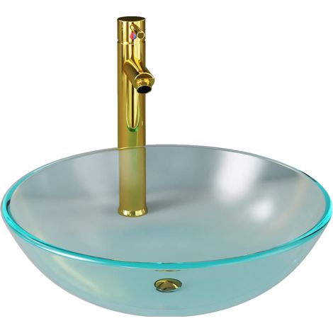 Elegant-Stil Lavabo de bain avec robinet et drain à poussoir Verre trempé,pour Salon/Jardin,Montage facile,8,08 Kg (1/5)