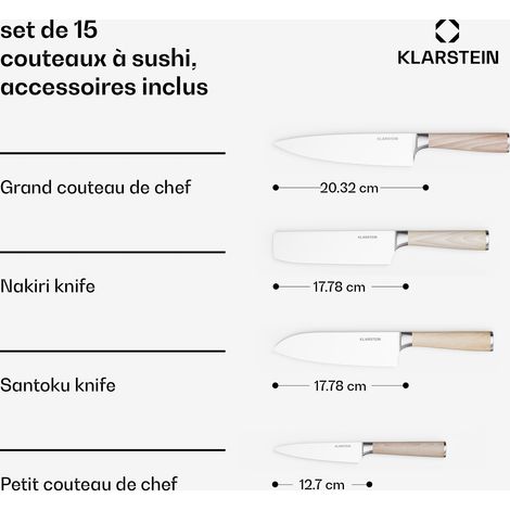 Klarstein Set de 15 pièces pour sushi professionnel avec 4 couteaux en acier inoxydable 3cr13 430, bois de frêne poli mat - découpe facile & rapide, comprend baguettes & riz, moule à riz pour sushi