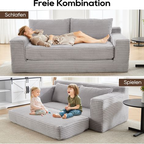 Canapé 2 places mousse mémoire forme sans montage 2 en 1, revêtement cord, compact petits espaces appartements bureau chambre, coloris gris (1/5)