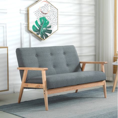 Sofá de 2 plazas 115x66.5x73 cm gris oscuro en lino con diseño compacto escandinavo (1/5)