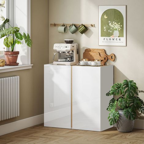 Buffet à haute brillance, meuble de rangement avec 2 portes à fermeture amortie et étagère réglable, 80x40x80cm, blanc