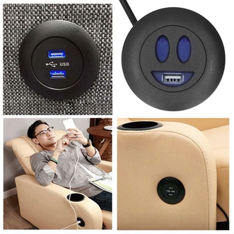 Prise USB de recharge 5V avec cordon d'alimentation de 2,5m pour installation encastrée dans canapés, fauteuils et tables (1/5)