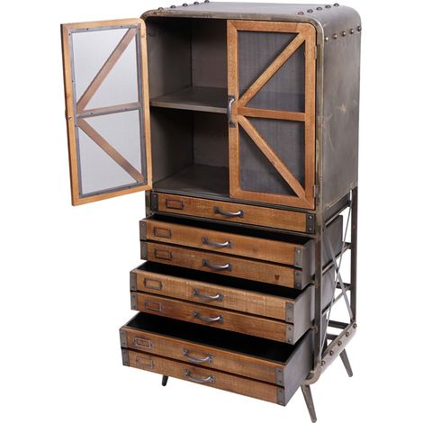 Hochschrank HHG-613, Apothekerschrank Wohnzimmerschrank, Industrial Tanne Holz Metall 128x60x33cm, braun-schwarz