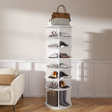 Tour de chaussures rotative 7 niveaux 360°,autoportant pour 28 paires de chaussures,base pour bottes,blanche (60 × 60 × 184 cm).