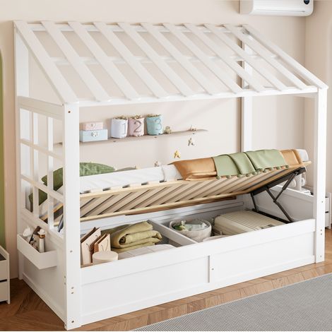 Cama infantil 90x200 cm blanca en madera con techo, ventana y almacenamiento hidráulico (1/5)