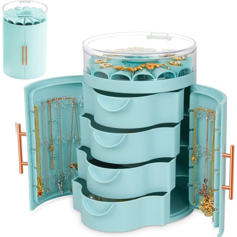 MINKUROW Joyero De Doble Puerta, Organizador De Joyas Con 4 Cajones Para Anillos Pendientes Pulseras Collar, Regalo De Cumpleaños Mujer (Azul) (1/5)