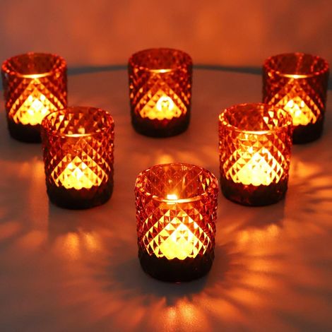 Marron Photophore Verre Lot de 12 pour la décoration d'automne Motif Diamant Bougeoir Verre, Contenant pour Bougie Chauffe-Plat Adaptés pour Thanksgiving, Noël et les Fêtes(5,5 x 6,5 cm) (1/5)