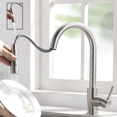 Robinet Cuisine Nickel brossé Pivotant à 360° Mitigeur Cuisine Robinet d'Évier à Arc Élevé pulvérisateur escamotable 2 Modes de Pulvérisation en Laiton (1/5)