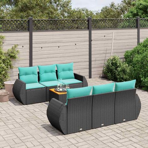 7-teiliges Gartensofa-Set mit Kissen, schwarzes Polyrattan (1/5)
