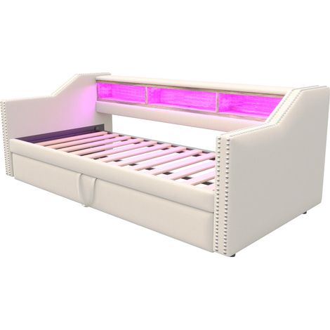 Ausziehbares Schlafsofa 90/180 x 190 cm mit Stauraum, LED und USB-Anschluss, Beige (1/5)
