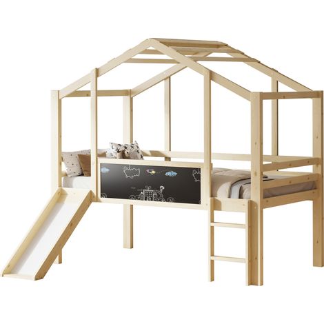 Letto a soppalco per bambini 90 x 200 cm con scivolo, scala e lavagna, legno naturale MODENUIT (1/5)