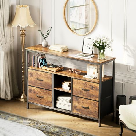 Meuble TV - avec éclairage LED intelligent intégré - 108x29x76 cm - 4 tiroirs - espace de stockage ouvert - structure en fer - aspect bois - marron (1/5)