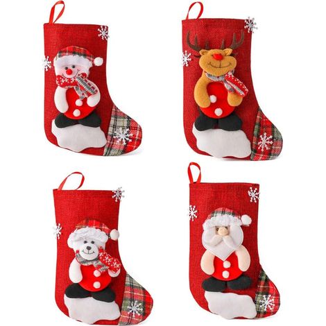 Juego de 4 calcetines navideños - Bolsas de regalo para chimenea - Decoraciones navideñas, dulces, adornos para el árbol, 23 x 16 cm (1/5)