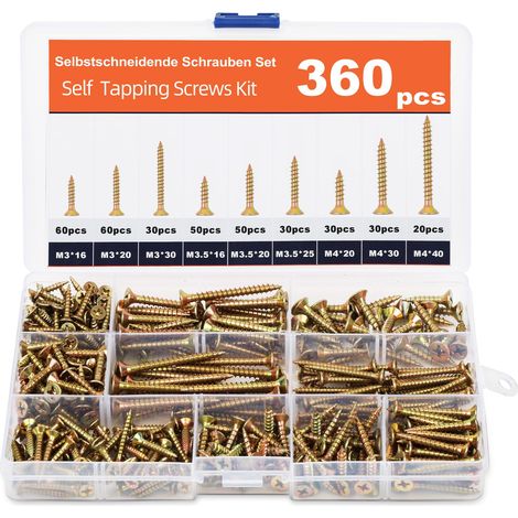 Vis à Bois Autotaraudeuses, Lot de 360 Vis à Bois Tête Fraisée Universelles, M3/M3.5/M4, 16mm-40mm, avec Boîte de Rangement en PP, pour Fenêtres, Terrasses, Toitures, Clôtures (1/5)
