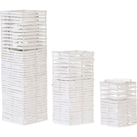 Set of 3 Candle Holders MAROLA Poplar Wood 54/34/20 cm White