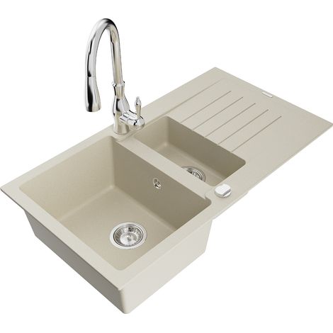 Mexen Matias lavello in granito 1,5 vasche con scolapiatti e rubinetto da cucina Savita, beige - 6502-69-672601-00 (1/5)