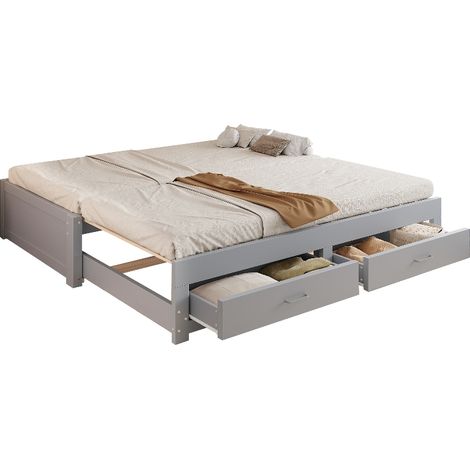 Ausziehbares Schlafsofa mit 2 Schubladen, Holzbett 90x190 bis 180x190 cm erweiterbar, platzsparendes Gästebett mit Lattenrost, Grau (1/5)