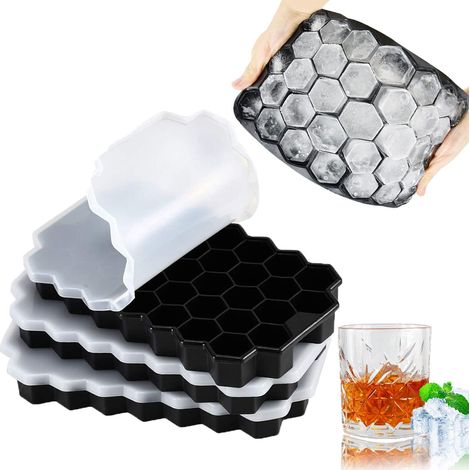 Lot de 3 moules à glaçons en silicone avec couvercles empilables, chaque moule permettant de réaliser 37 glaçons hexagonaux, pour garder vos boissons, whiskies et cocktails frais et rafraîchissants.