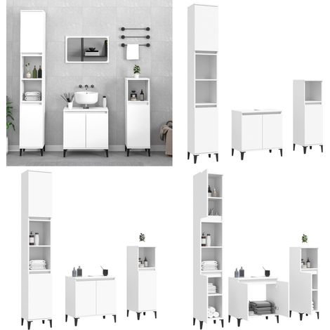3-tlg. Badmöbel-Set Weiß Holzwerkstoff - Badmöbel-Set - Badezimmermöbel - Waschtischschrank - Spiegelschrank - Handtuchhalter - Home & Living (1/5)