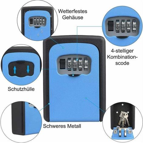 Wandmontierter Schlüsseltresor mit 4-stelligem Code, wasserdicht, für Zuhause, Garage, Schule – Blau, HANBING (1/4)