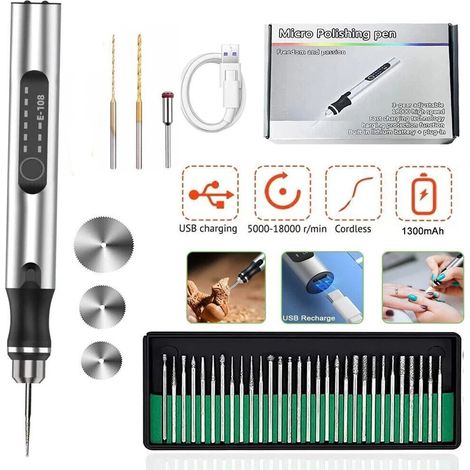 Mini Stylo Graveur Électrique 4.2V Rechargeable, Outil de Gravure Rotatif à Vitesse Variable pour DIY Bijoux Métal Verre, Kit 37 Accessoires avec Chargeur (1/2)