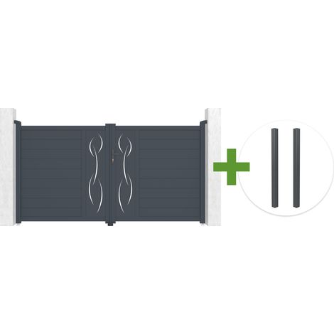 Portail battant 3m LIFE H.160cm aluminium gris + 2 poteaux ELDA aluminium gris 15x15cm (1/5)