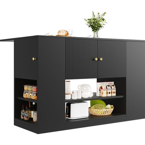 Îlot de cuisine moderne avec tiroirs et étagères, meuble de cuisine et buffet, sideboard pour cuisine et salle à manger, noir
