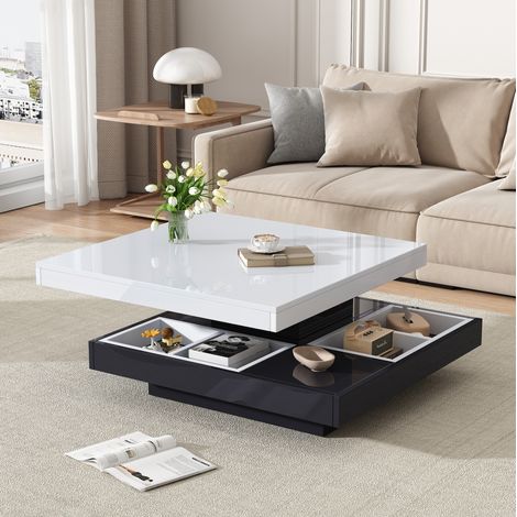 Tavolino da salotto in pannello truciolare, 70 x 70 x 36 cm, bianco e nero, piano girevole 360°, 2 livelli (1/5)