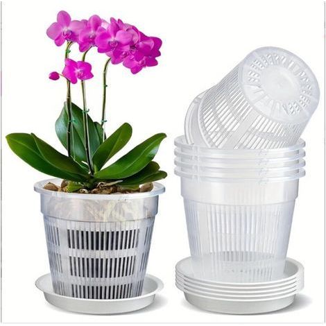(140 mm) 5 pots à orchidées en plastique transparent, pots à orchidées en plastique blanc avec trous de drainage et plateaux, adaptés à la culture de plantes en pot dans le jardin (1/5)