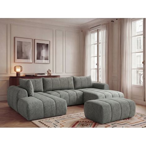 BOBOCHIC - Canapé panoramique fixe NESTY tissu chiné avec pouf Angle droit  Gris foncé