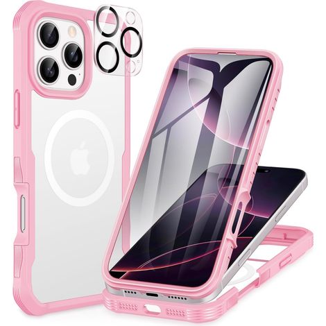 Magnétique Coque iPhone 16 Pro Max, Compatible avec MagSafe intégré Verre Trempé Protection écran et Protecteur Caméra, 360° Antichoc Téléphone Housse Double Face Case Intégrale Etui -Rose (1/5)